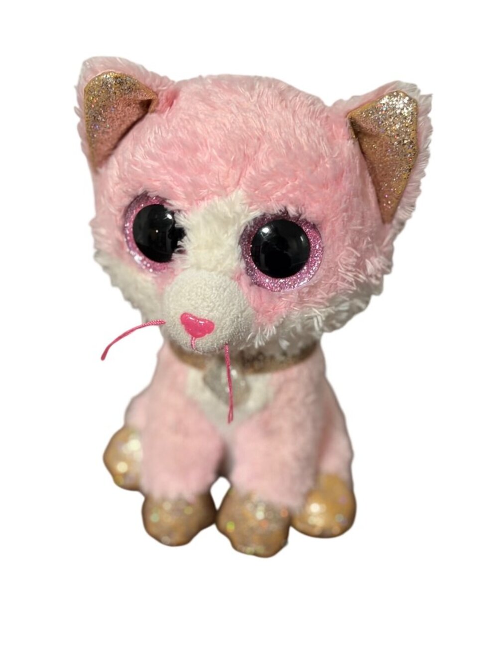 Ty Beanie Boos Fiona Plush Pink Cat kitty Kitten Gold Sparkle Eyes Paws Ears Stu
